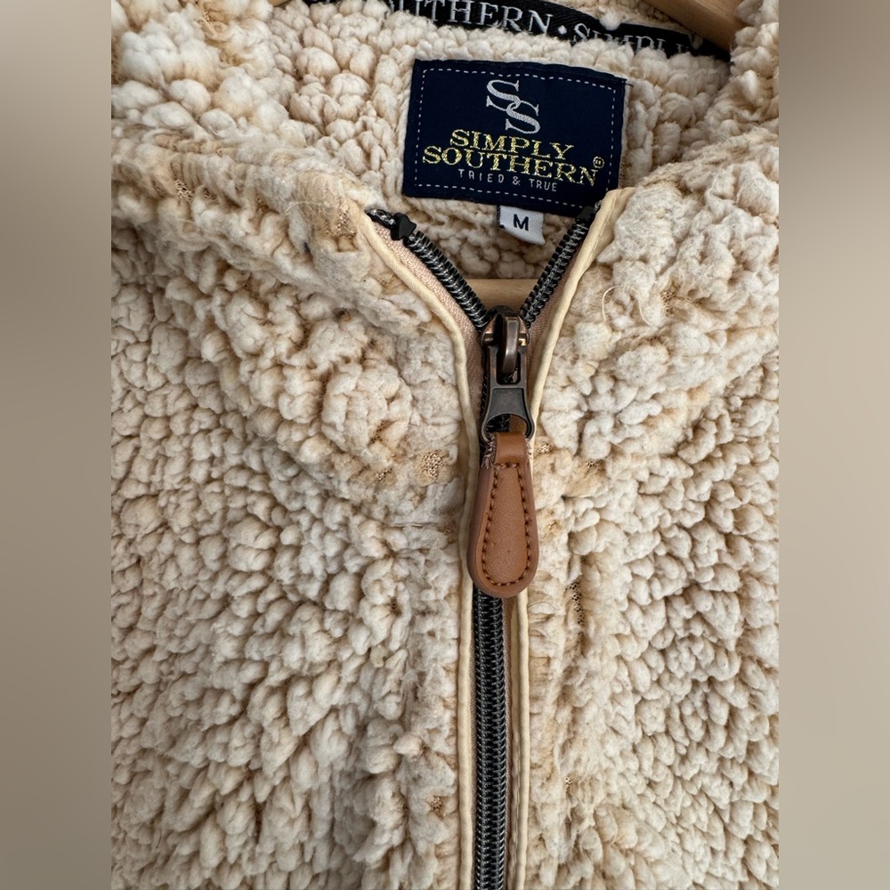 Simply Southern Sherpa Teddy Fleece Full Zip Hoodie Jacket Cream Tan Size M - Picture 7 of 11